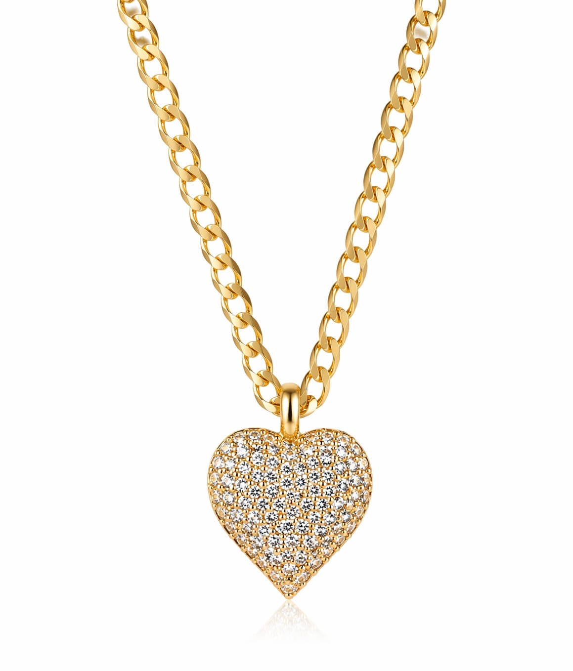 Stylish 14K gold-plated Cuban chain featuring a heart pendant adorned with sparkling white